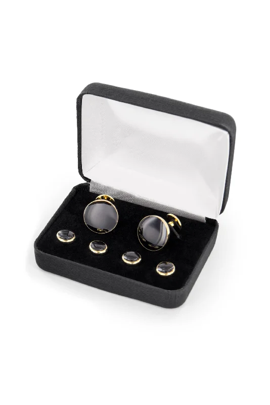 Cufflinks with quirky animal designs for a fun and distinctive style-Gold & Onyx Cufflink & Stud Set