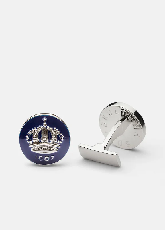 Personalized cufflinks with engravings for a thoughtful and custom gift idea-Cufflinks | Skultuna Crown | Silver Plated | Royal Blue