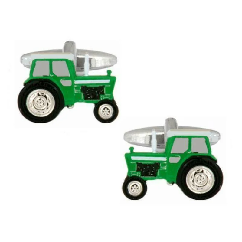 Best cufflinks for formal wear with classic designs and polished finishes-Green Tractor Rhodium Plate Mens Cufflinks 901404