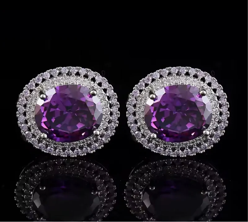 Best cufflinks with a polished gold finish for a luxurious and timeless look-Crystal silver purple oval cufflinks