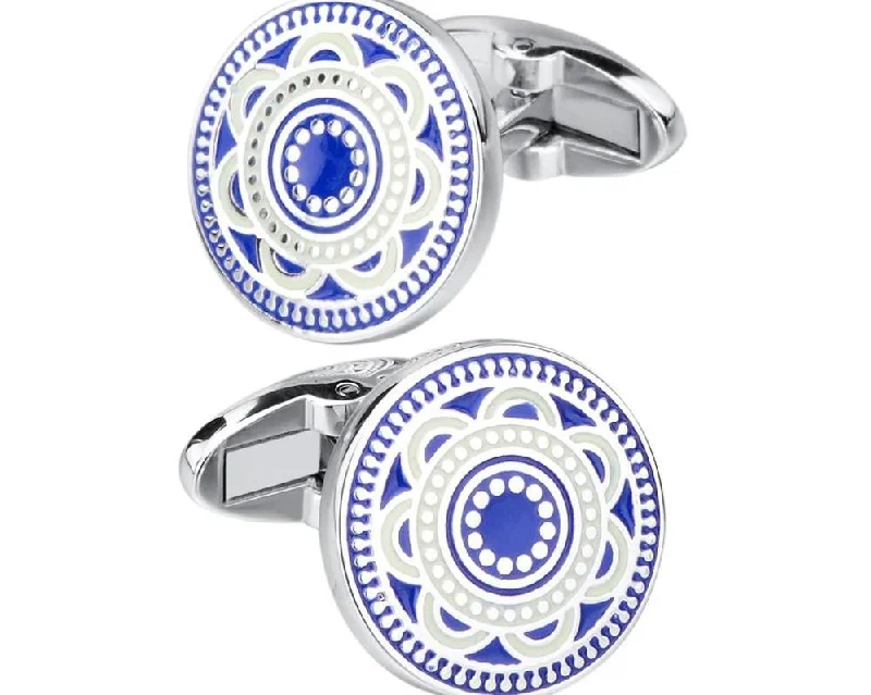 Cufflinks with nautical themes for a coastal and maritime-inspired accessory-ENAMEL PATTERN BLUE SILVER CUFFLINKS