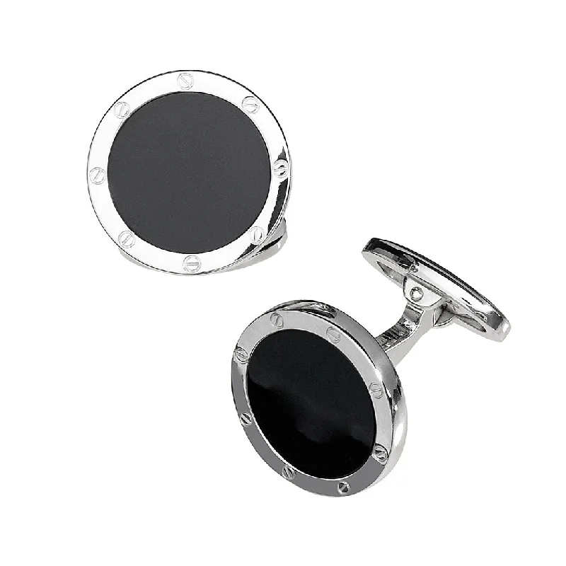 Cufflinks with colorful gemstones for a vibrant and eye-catching appearance-Rivet Etch Black Onyx Sterling Cufflinks