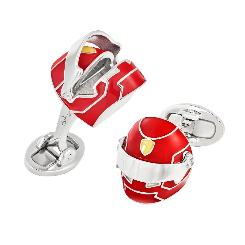 Cufflinks with brushed metal finishes for a matte, contemporary style-Race Car Helmet Enamel Sterling Cufflinks