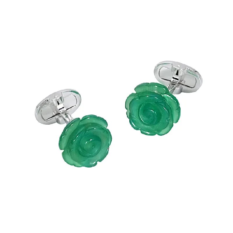 Cufflinks with crystal embellishments for added sparkle and sophistication-Rose Carved Green Onyx Sterling  Cufflinks