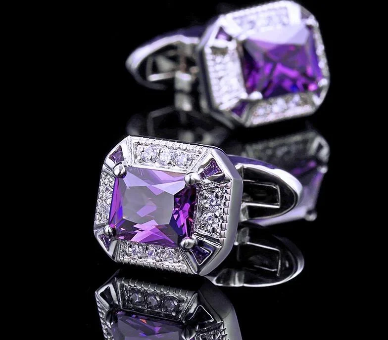 Best cufflinks with matching tie clips for a coordinated and fashionable set-PURPLE CRYSTAL SILVER CUFFLINKS