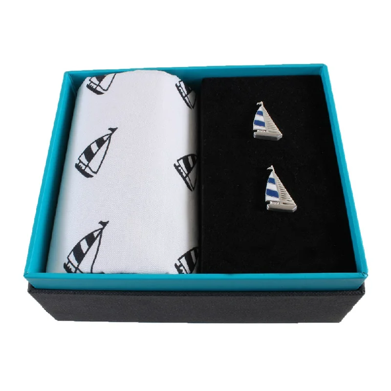 Cufflinks with classic striped patterns for a clean and elegant finish-Yacht Handkerchief and Rhodium Plated Mens Cufflinks Set HS-07