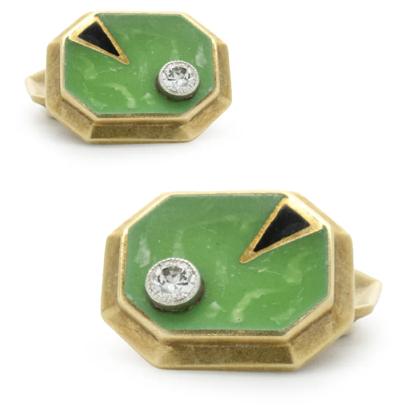 Cufflinks with abstract designs for a modern and artistic fashion statement-William Huger & Co. 14 Karat Yellow Gold Vintage Diamond and Enamel Cufflinks