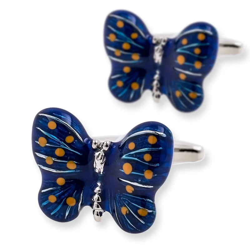 Best cufflinks with spherical designs for a playful and stylish twist-Blue butterfly silver cufflinks