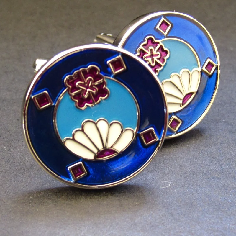 Cufflinks with wood accents for a rustic and unique design-Blue Floral Jewel Cuff Link