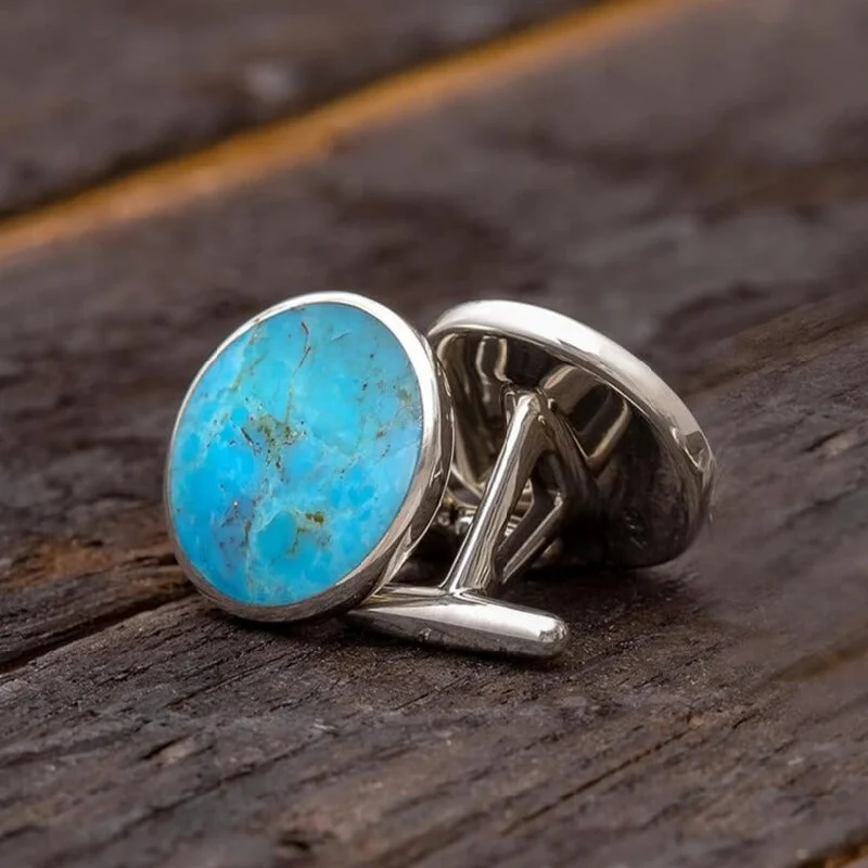 Best cufflinks with multicolored stones for a bold and vibrant appearance-Genuine, Kingman Turquoise Round Cuff Links