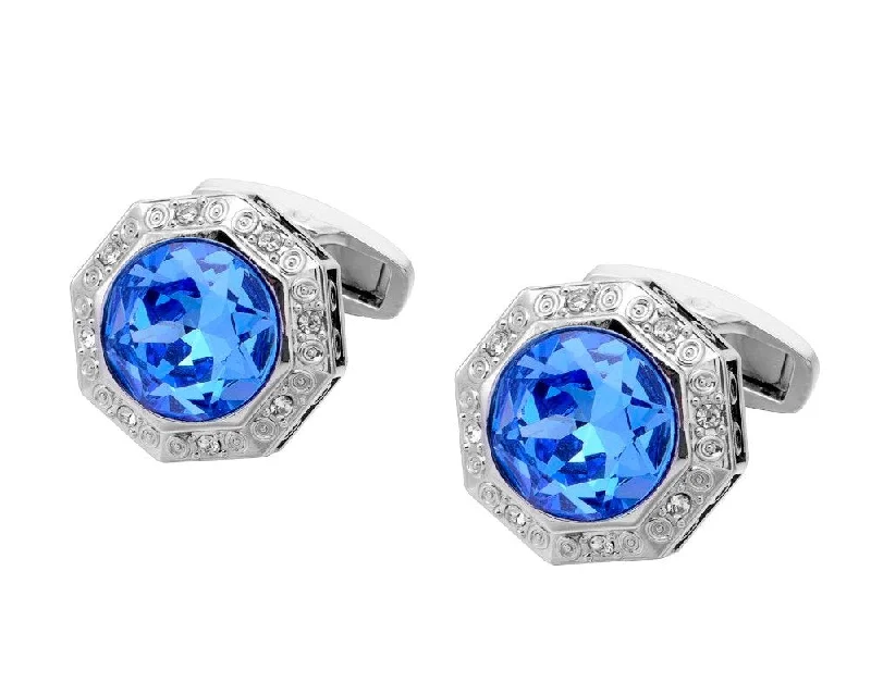 Cufflinks with classic black enamel for a sleek and timeless design-SILVER BLUE CRYSTAL CUFFLINKS