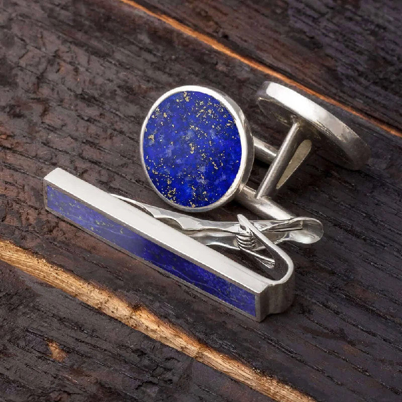 Cufflinks with engraved logos for a personalized and branded accessory-Something Blue Gift Set - Lapis Lazuli Cuff Links And Tie Clip Bundle