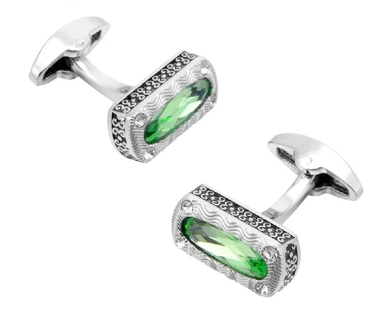 Cufflinks with animal prints for a bold and fashionable accessory-GREEN CRYSTAL SILVER CUFFLINKS