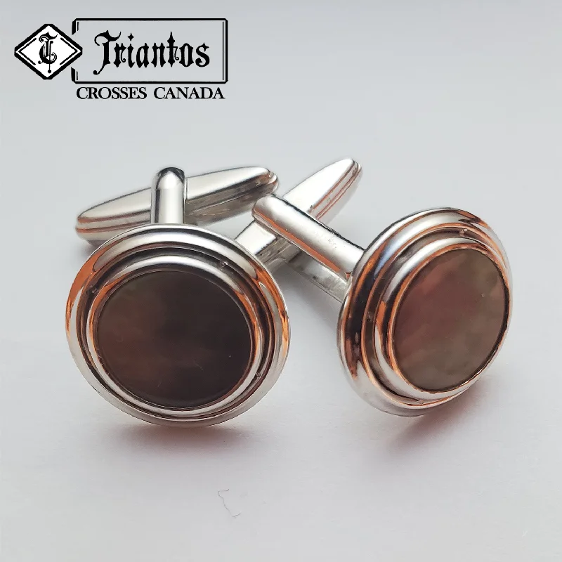 Best cufflinks with customizable engravings for a personal and thoughtful gift-Sterling Silver Round Cufflinks with Iridescent Gray Seashell Stud For Men