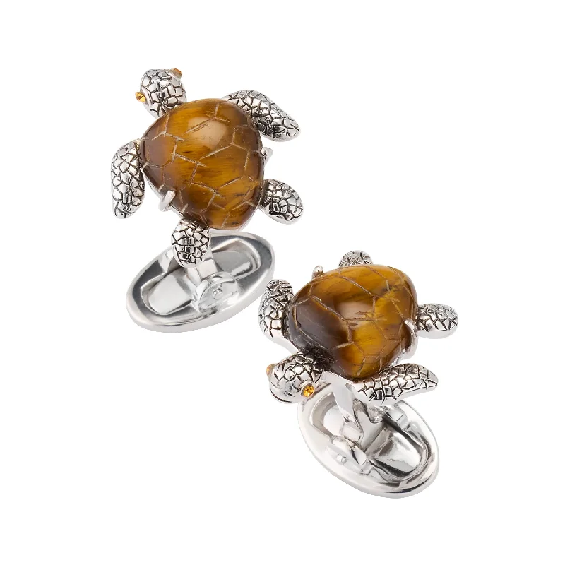 Cufflinks with unique novelty designs for fun and creative gifts-Turtle Carved Tiger Eye Sterling Cufflinks