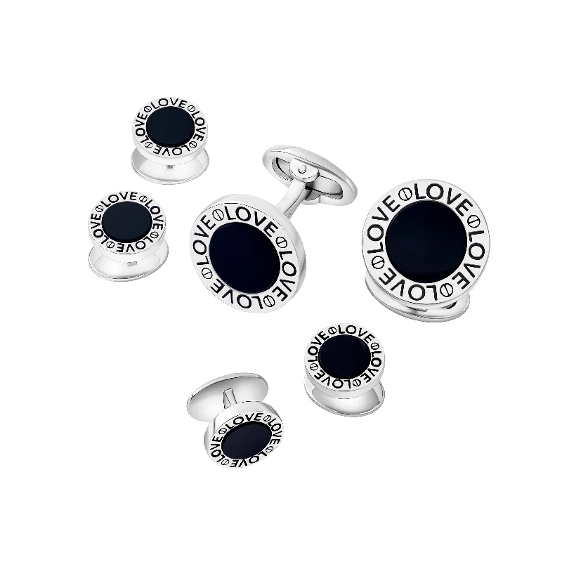 Cufflinks with geometric patterns for a sharp and fashionable look-Love Black Onyx Round Sterling Tuxedo Set