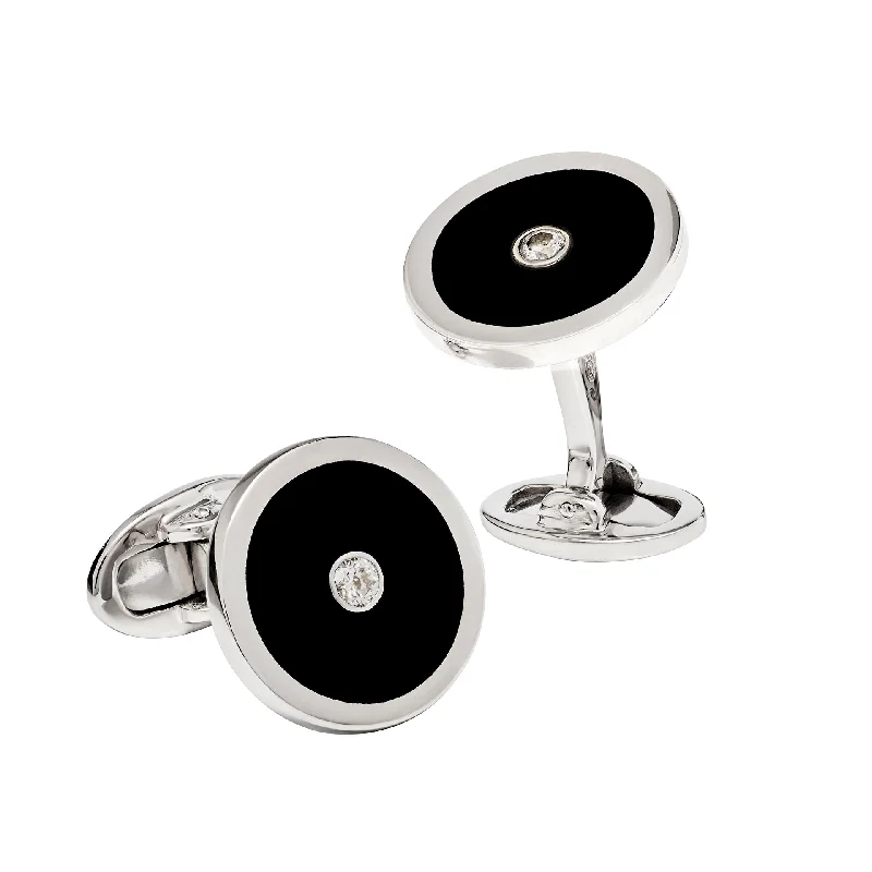 Best cufflinks for special occasions with precious stones for a luxurious touch-Black Onyx and Diamond Sterling Silver Round Cufflinks