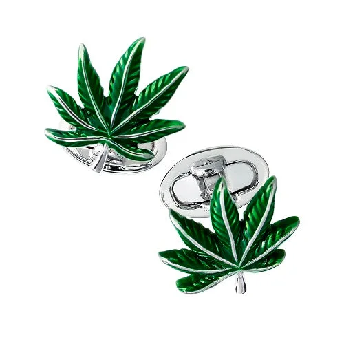 Unique cufflinks with gemstone accents for a bold and luxurious look-Cannabis Green Enamel Leaf Sterling Cufflinks