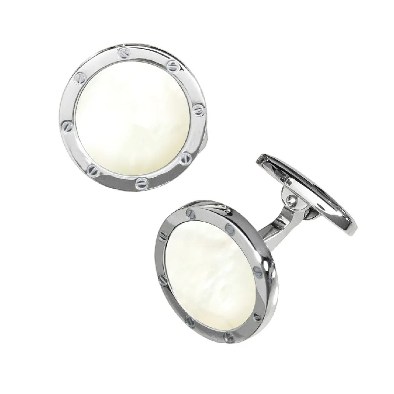 Cufflinks with crystal embellishments for added sparkle and sophistication-Rivet Etch Mother of Pearl Sterling Cufflinks