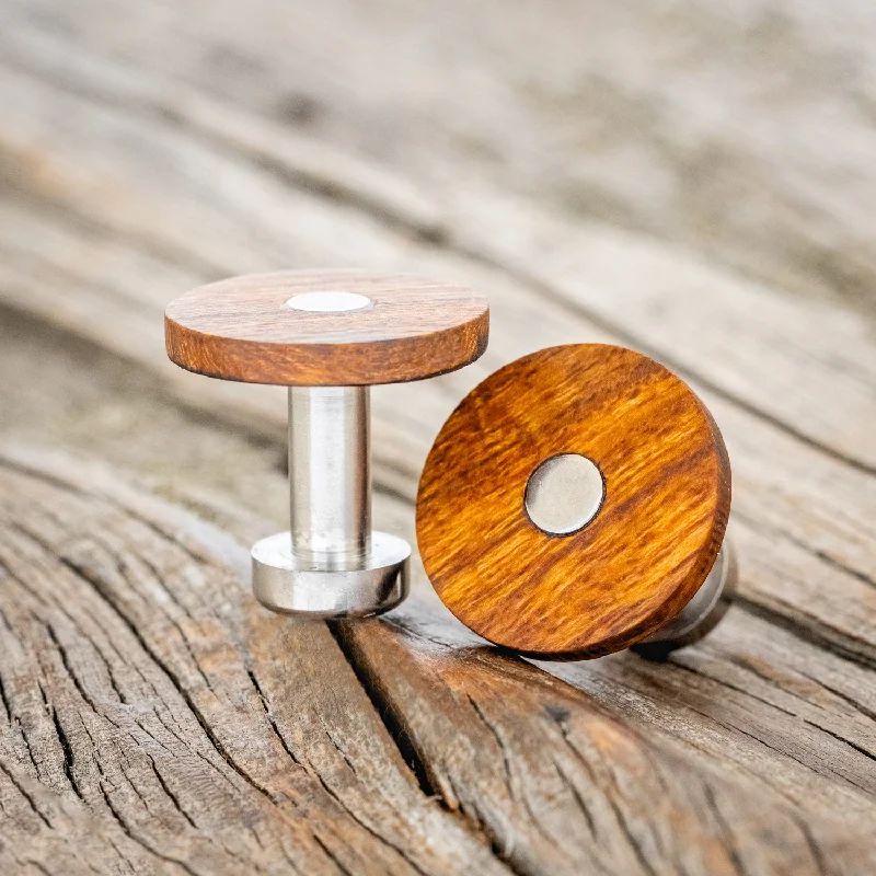 Cufflinks with wood accents for a rustic and unique design-WOOD TOPPED CUFFLINKS W/ TITANIUM BASES