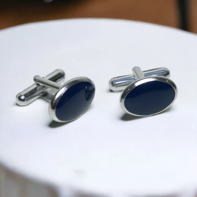 Cufflinks with classic black enamel for a sleek and timeless design-Chokore Silver Oval Cufflinks (Blue)