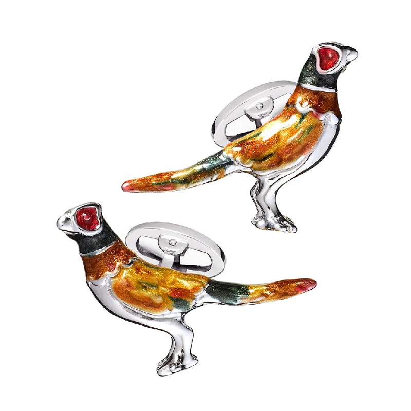 Cufflinks with engraved patterns for a personalized and intricate touch-Pheasant Hand Painted Sterling Cufflinks