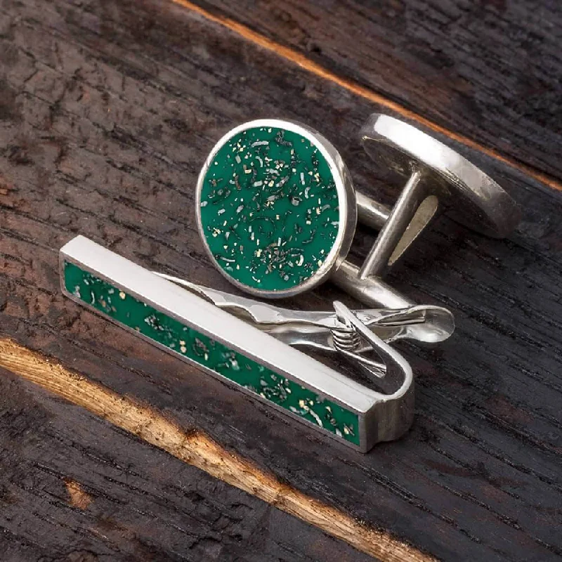 Cufflinks with sports-related designs for fans and athletes looking to showcase their interests-Green Stardust Cuff Links & Tie Clip Bundle