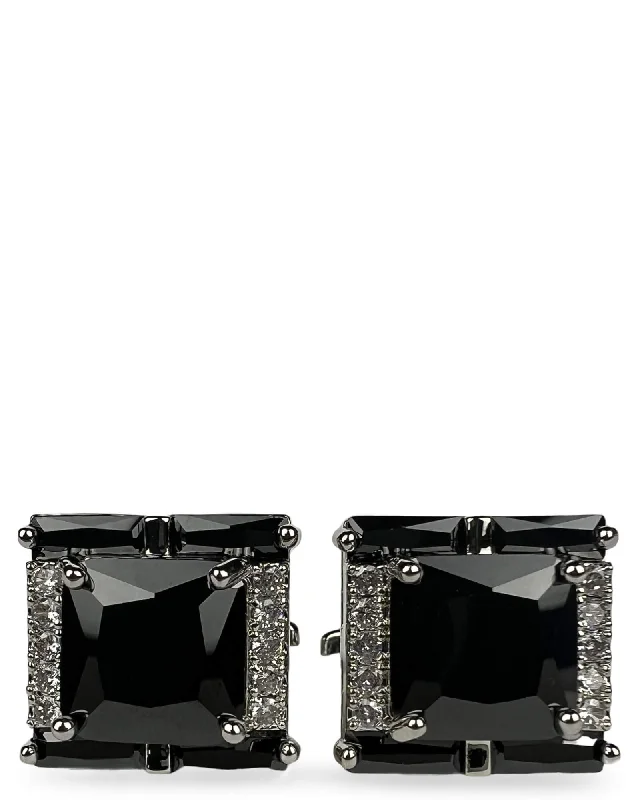 Best cufflinks with engraved monogrammed initials for a personalized gift-DÉCLIC Diamante Square Silver Cufflink - Black