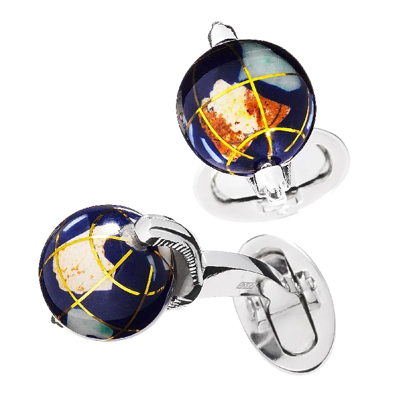 Cufflinks with luxury enamel inlays for a polished and vibrant appearance-Globe Spinning Lapis Inlay Sterling Cufflinks