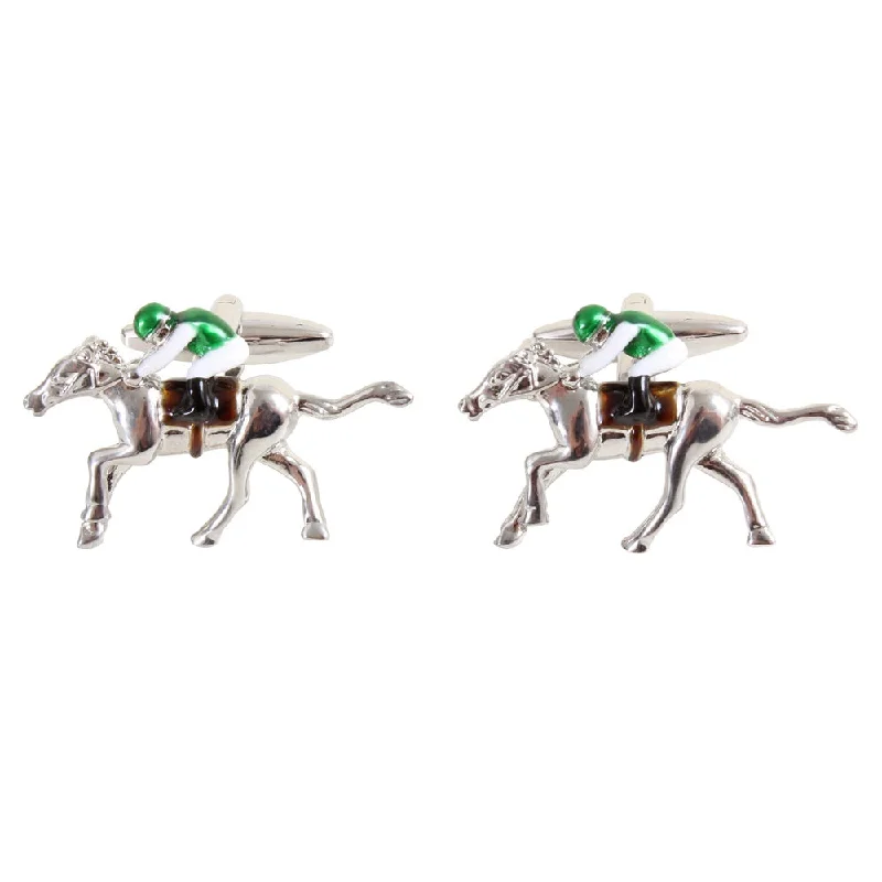 Best cufflinks with a polished gold finish for a luxurious and timeless look-Race Horse and Jockey 3D Rhodium Plate Mens Cufflinks 901211