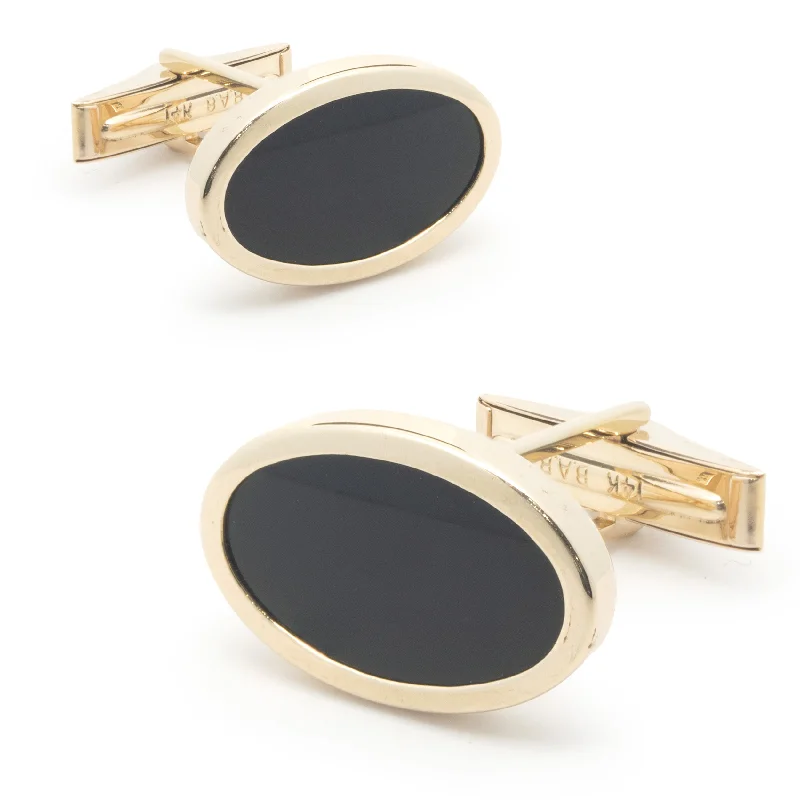 Best cufflinks with gemstone inlays for a colorful and stylish finish-14 Karat Yellow Gold Oval Black Onyx Cufflinks