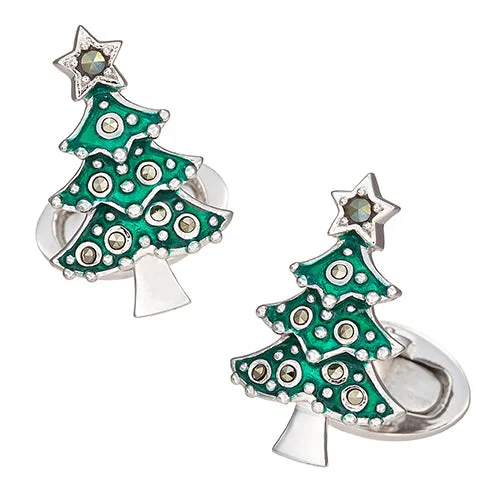 Best cufflinks for formal events with timeless designs in classic silver and gold-Christmas Tree Marcasite Enamel Sterling Cufflinks