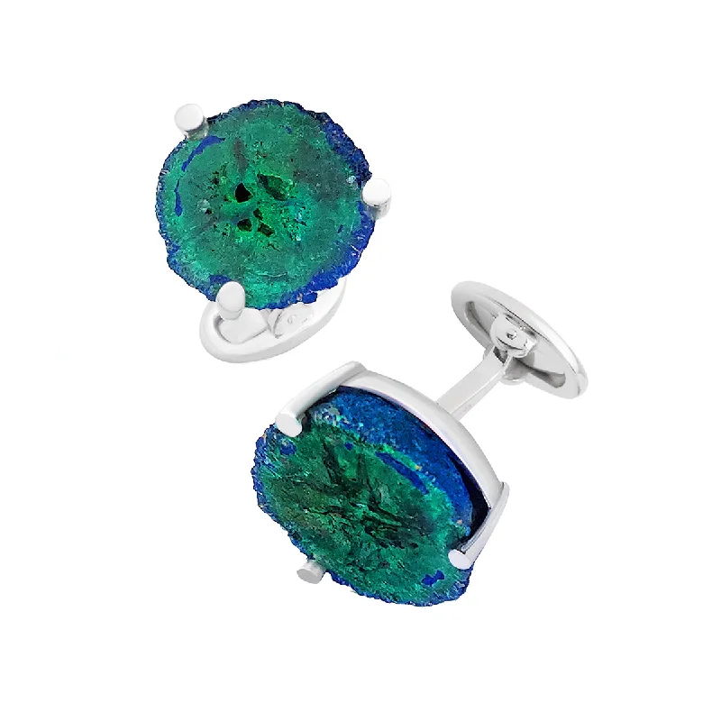 Cufflinks with brushed stainless steel designs for a rugged and modern style-Azurite Malachite One of Kind Geode Sterling Cufflinks