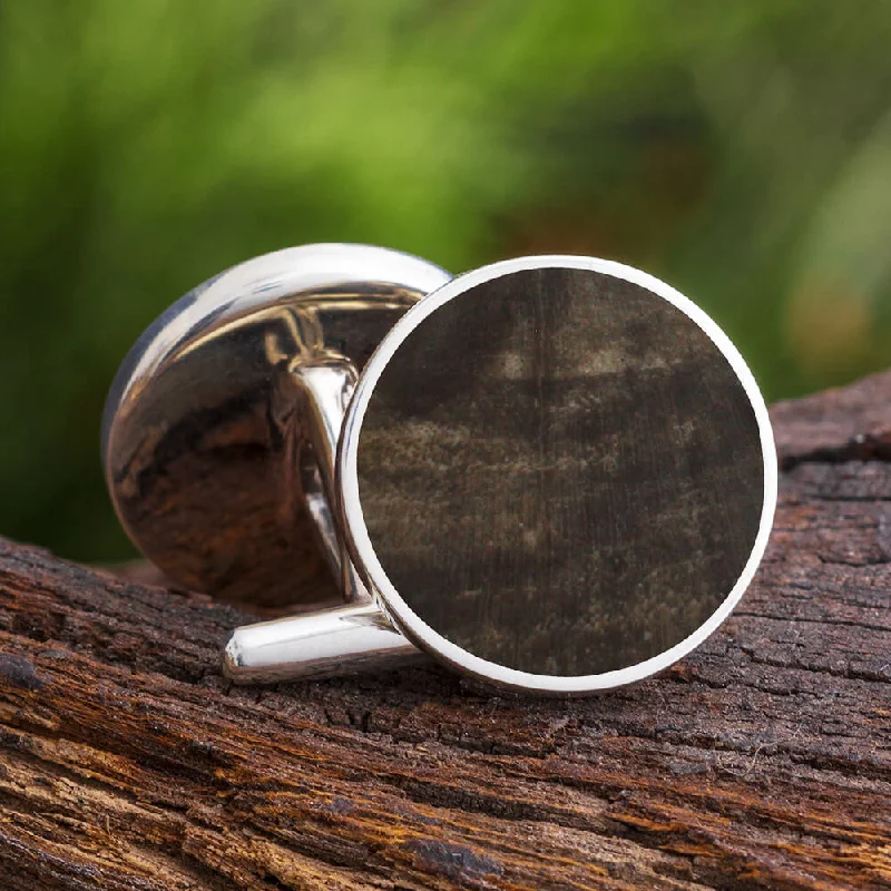 Best cufflinks for formal wear with classic designs and polished finishes-Round Petrified Wood Cuff Links in Sterling Silver