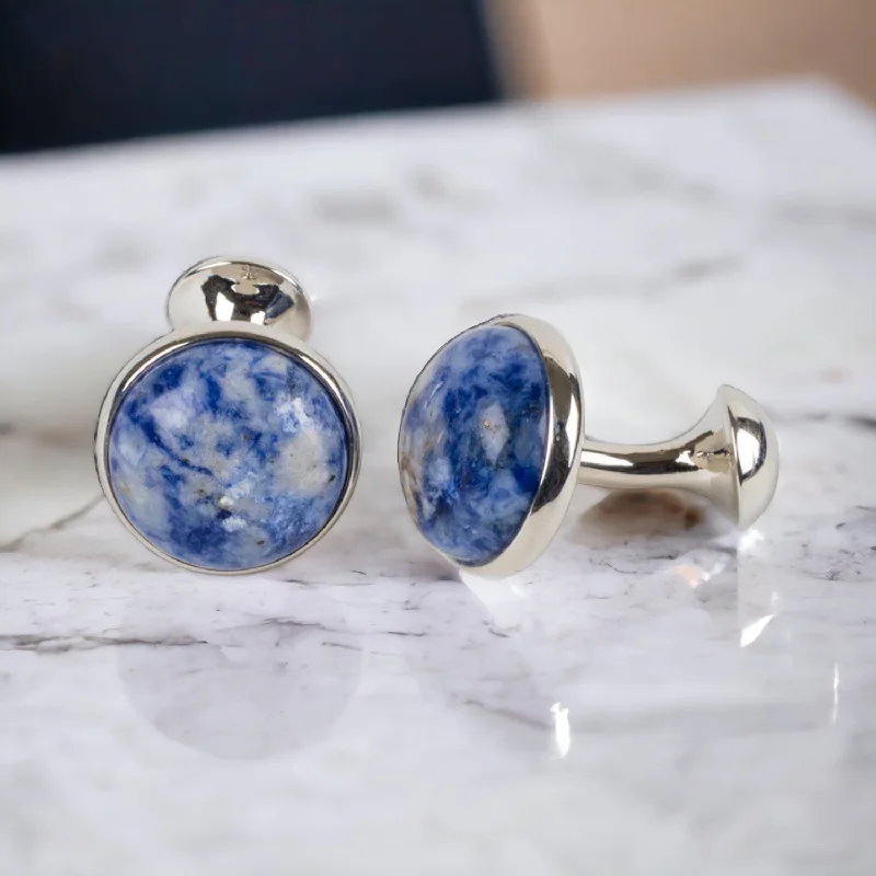 Cufflinks with geometric patterns for a sharp and fashionable look-Chokore Silver and Blue Stone Premium Range of Cufflinks