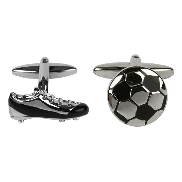 Cufflinks with engraved logos for a personalized and branded accessory-Football and Boot Rhodium Plate Mens Cufflinks 902201