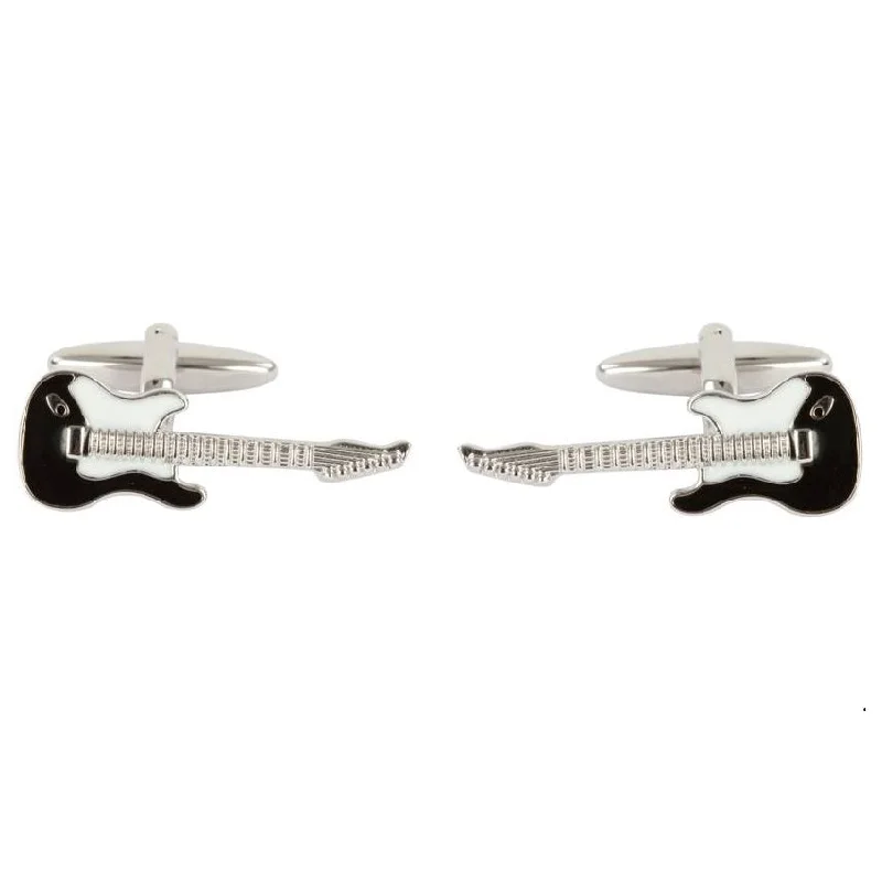 Cufflinks with brushed metal finishes for a matte, contemporary style-Black and White Electric Guitar Rhodium Plate Mens Cufflinks 901520