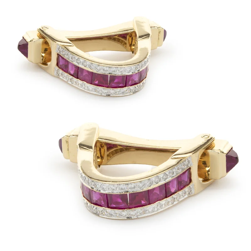 Cufflinks with silver and enamel combinations for a colorful and polished look-18 Karat Yellow Gold Ruby and Diamond Geometric Bridge Cufflinks