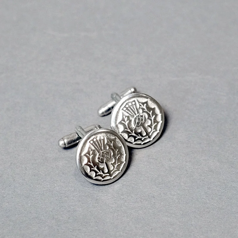 Personalized cufflinks with initials for a custom and meaningful gift-Round Pewter Cufflinks with Thistle Design