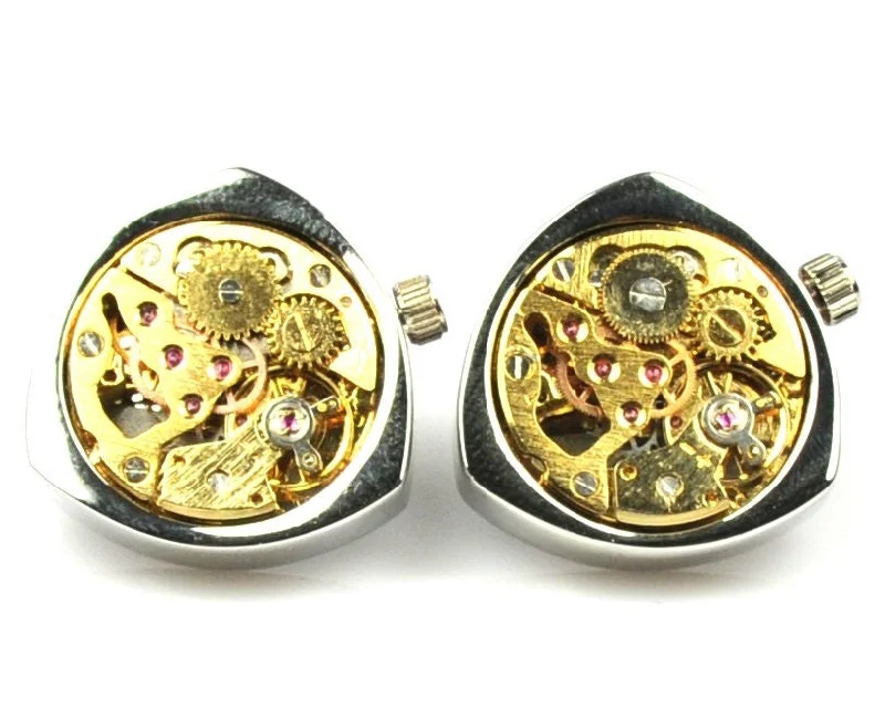 Cufflinks with sports-related designs for fans and athletes looking to showcase their interests-Steampunk Silver Triangle Watch Movement Cufflinks