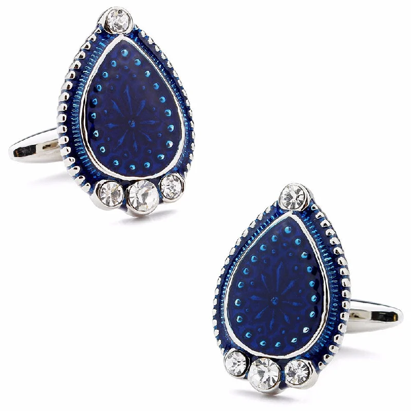 Cufflinks with celestial motifs for a cosmic and mystical fashion statement-Blue Enamel, Crystal Water Drop  Cufflinks