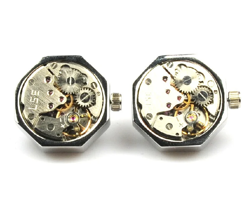 Best cufflinks with engraved monogrammed initials for a personalized gift-Handmade Steampunk Silver Watch Cufflinks