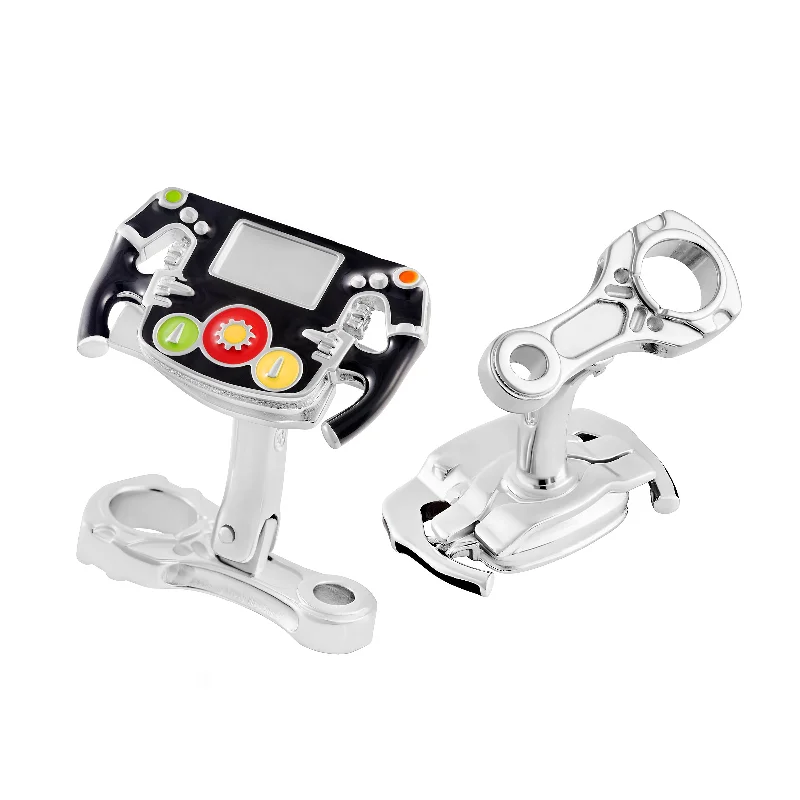 Best cufflinks with onyx inlays for a sleek, elegant and timeless appearance-Race Car Steering Wheel Enamel Sterling Cufflinks