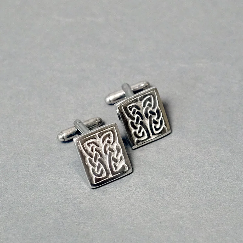 Cufflinks with classic striped patterns for a clean and elegant finish-Rectangular Pewter Cufflinks with Celtic Design