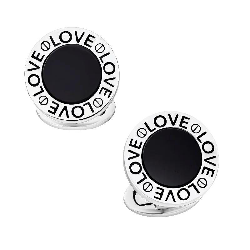 Cufflinks with military insignia designs for a bold, distinguished look-Love Black Onyx Round Sterling Cufflinks