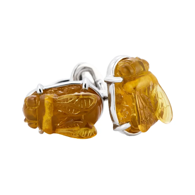 Cufflinks with geometric patterns for a sharp and fashionable look-Carved Amber Gemstone Bee Sterling Silver Cufflinks I Jan Leslie