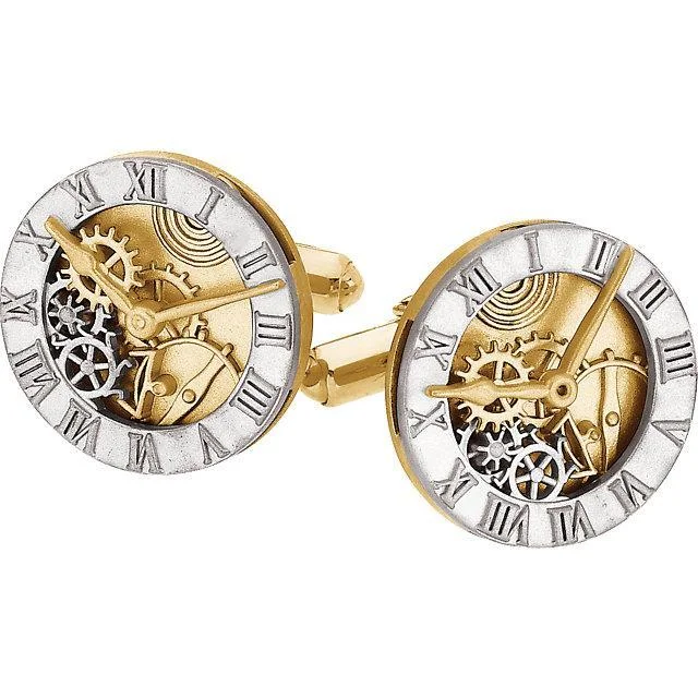 Cufflinks with vintage-inspired designs for a timeless and classic touch-MEN'S STYLISH 14KT TWO-TONE CLOCK CUFF LINKS