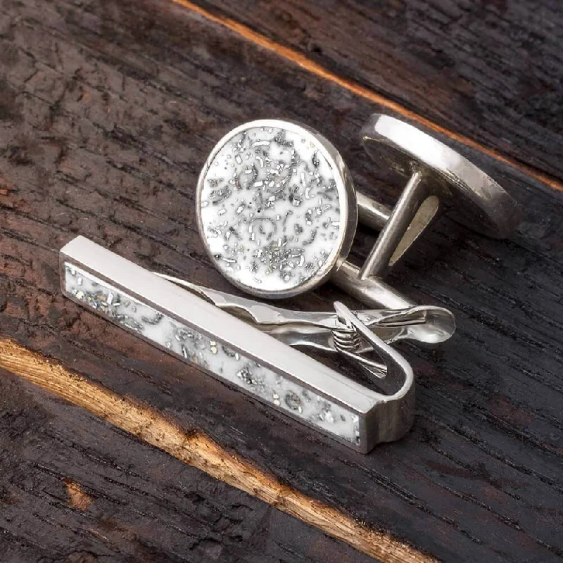 Best cufflinks with round designs for a classic, versatile look-White Stardust Cuff Links & Tie Clip Bundle