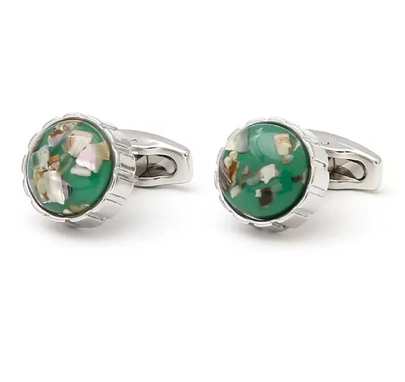 Luxury cufflinks with diamond accents for a high-end and elegant accessory-SILVER CASUAL GREEN BUTTON CUFFLINKS