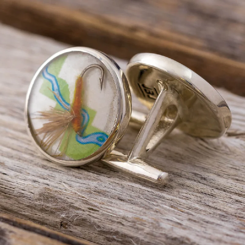 Cufflinks with silver and enamel combinations for a colorful and polished look-Fly Fishing Cuff Links